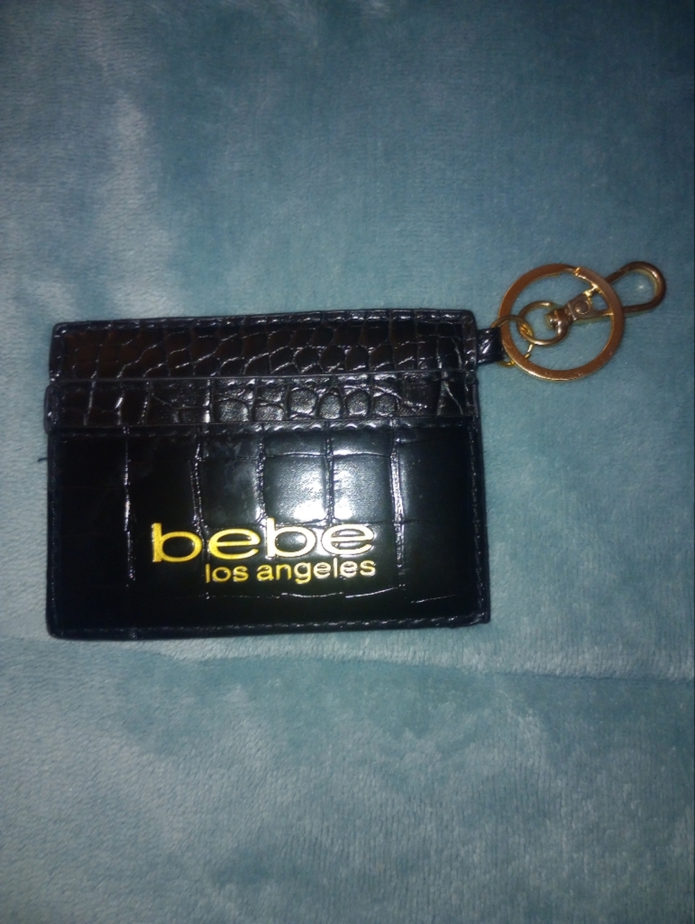 bebe Black Faux-Croc Card Holder with Gold Keyring